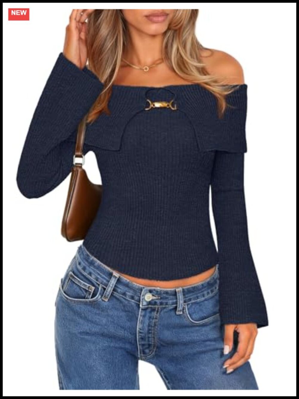 Off Shoulder Ribbed Knit Sweater Bell Sleeve Going Out Top
